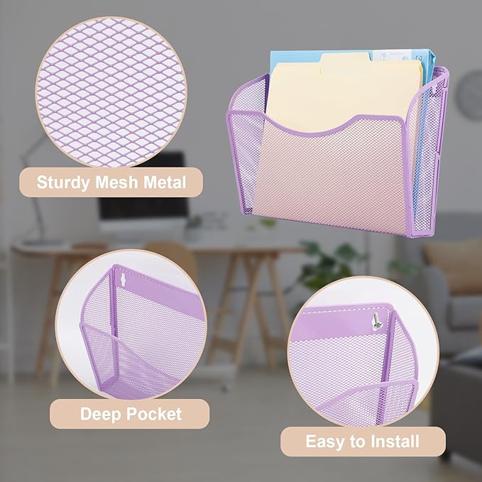 EASEPRES 3 Single Pocket Mesh Hanging File Organizer, Vertical Wall Mounted Magazine File Holder, Mount Basket Mail Paper Document Folder Organizing for Office, Home and School, Light Purple