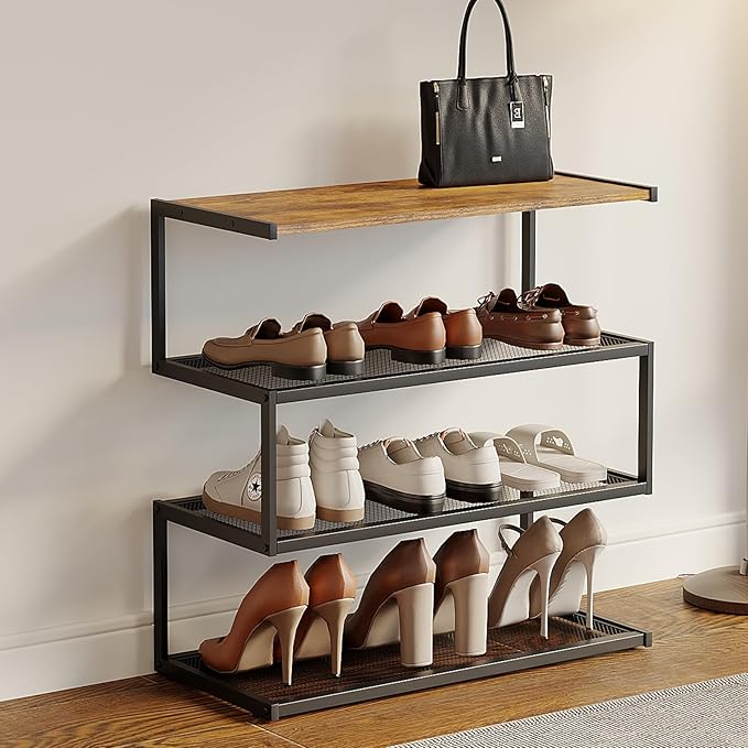 Shoe Rack, Unique 5-Shaped Free Standing Shoe Shelf, 4-Tier Wooden Shoe Organizer with Wooden Top and Steel Frame for Front Door Entrance, Entryway, Hallway, 24.41" D x 11.02" W x 23.23" H-NeatNest
