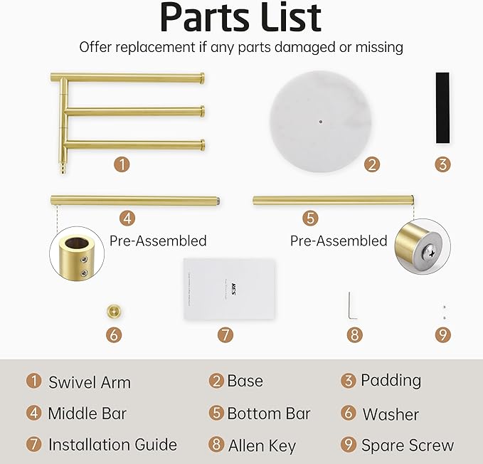 KES Brushed Gold 40-Inch Freestanding Towel Racks for Bathroom with Weighted Natural Marble Base, 3 Swivel Arms Bath Floor Free Standing Towel Racks, 18/8 Stainless Steel, BTH219-BZ