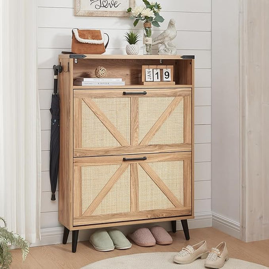 Shoe Storage Cabinet, Boho Rattan Shoe Organizer with 2 Flip Drawers,Farmhouse Freestanding Hidden Slim Narrow Shoe Rack Cabinet with Open Shelves for Entryway, Foyer,Hallway, Natural-NeatNest