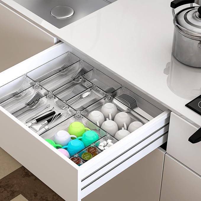 25 pc Clear Plastic Drawer Organizer Set,4 Size Small Storage Containers for Organizing Jewelry,Utensil,Junk,Tea,Makeup,Shallow Drawer Organizers Tray Suitable for Office,Desk,Bathroom,Vanity,Kitchen-NeatNest