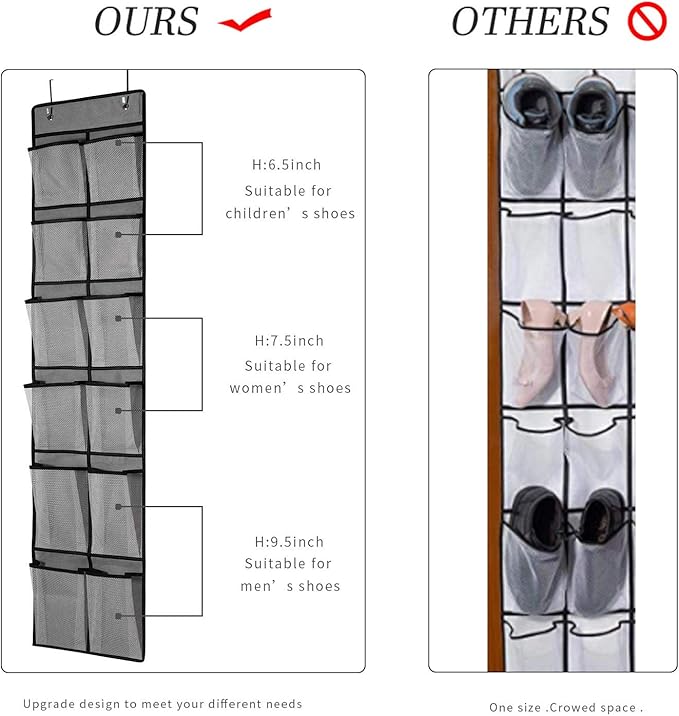 KEEPJOY Over The Door Shoe Organizer 2 Pack,Mesh Pockets Hanging Shoe Rack Over The Door,Shoe Storage Closet with 4 Hooks,Washable and Breathable Fabic,Large Size 57.5×12.6inch(Grey)-NeatNest