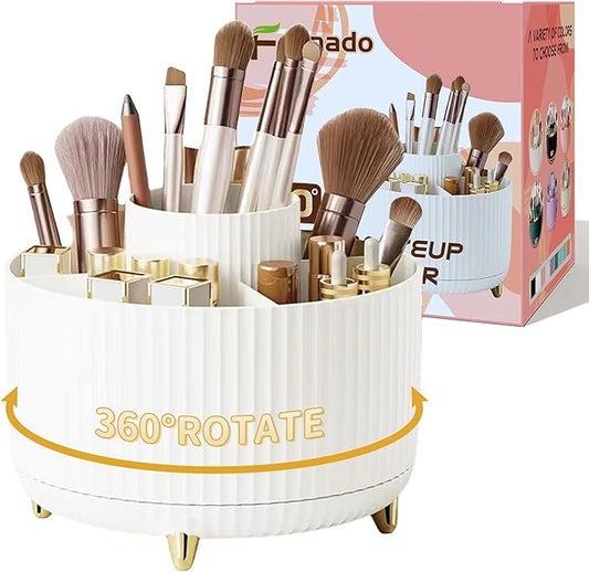 360° Rotating Desktop Women Brush Holder Organizer, Makeup Organizers Countertop (White-1)