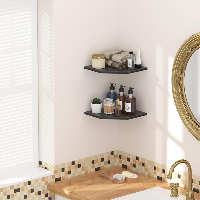 JJL Corner Shelves, 12 Inch Corner Shelf Wall Mounted with Wire Hole, 4 Tier 13.3 Inch Deep Wooden Corner Hanging Shelving for Wall Storage, for Speaker, Cable Box, Black-NeatNest