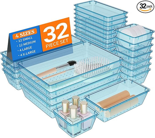 32 PCS Clear Plastic Drawer Organizer Set, 4-Size vanity organizer Trays and Storage Bins for Makeup, Jewelry and Gadgets in Bedroom, Bathroom and Office, Clear Sea Blue-NeatNest