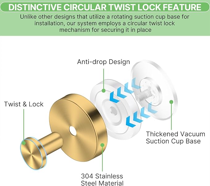 Gold Waterproof Suction Cup Hooks, 2-Pack Heavy Duty Stainless Steel No Drill Shower Hooks for Hanging Towels, Robes, Loofahs, Holder Holds Strong on Tile, Glass, Mirror, Wall, Bathroom Door