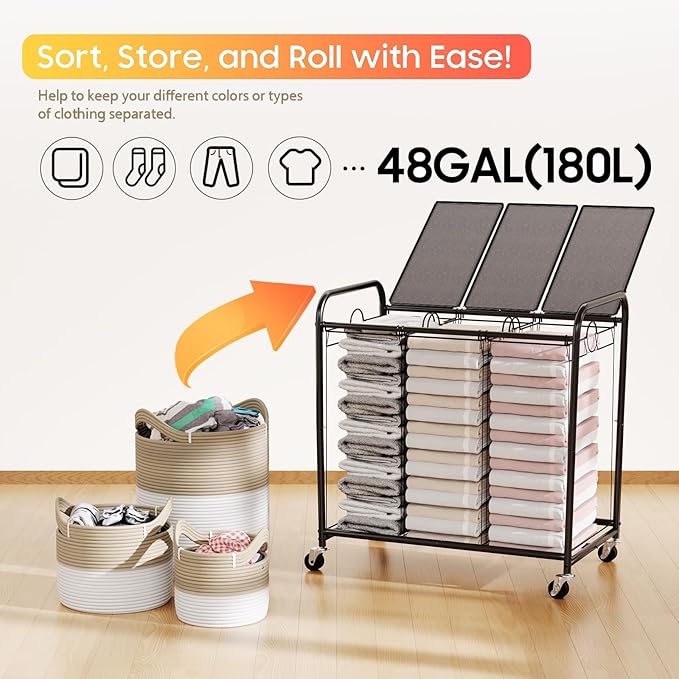 180L (47.55 Gal) Laundry Sorter 3 Section, Rolling Laundry Basket with Lockable Wheels and Lid, Laundry Hamper with 3 Separated Removable Bags Dirty Clothes Hamper for Laundry Room Organizer, Grey-NeatNest