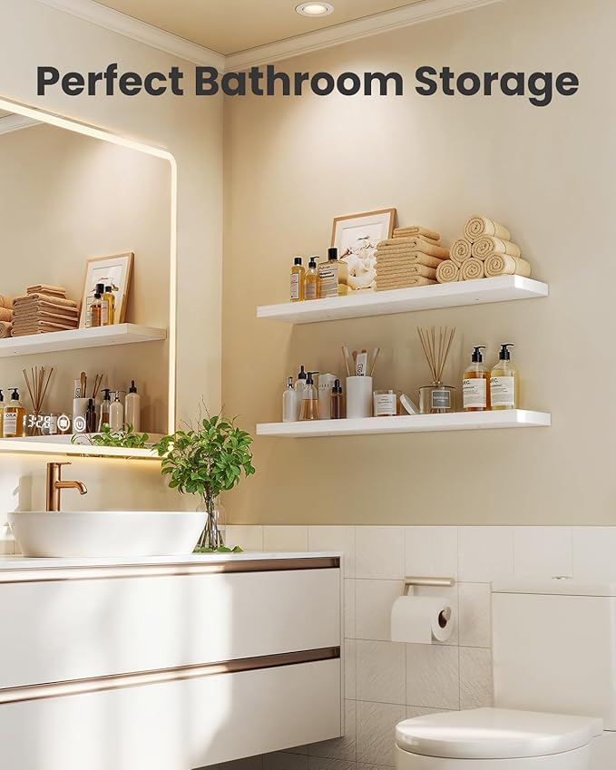 AMADA HOMEFURNISHING 23.6" L Floating Shelves, Wall Shelves Set of 3 for Bathroom/Living Room/Bedroom/Kitchen, White Floating Shelves for Wall Decor with Invisible Brackets - AMFS44W-NeatNest