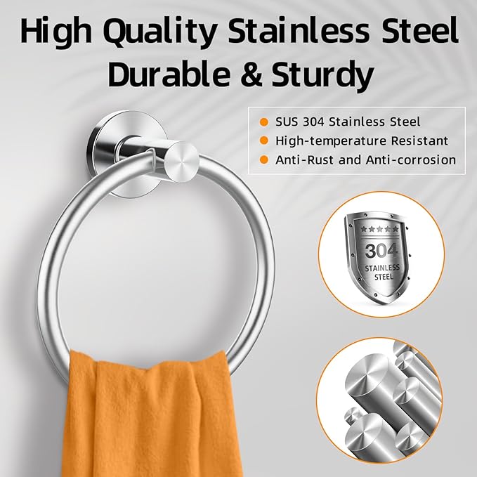 Brushed Silver Towel Ring, SUS304 Stainless Steel Hand Towel Holder for Bathroom Kitchen, Modern Style Towel Hanger, Thicken Ring Towel Holder, Towel Rack Round Wall Mounted (1, Brushed Silver)-NeatNest