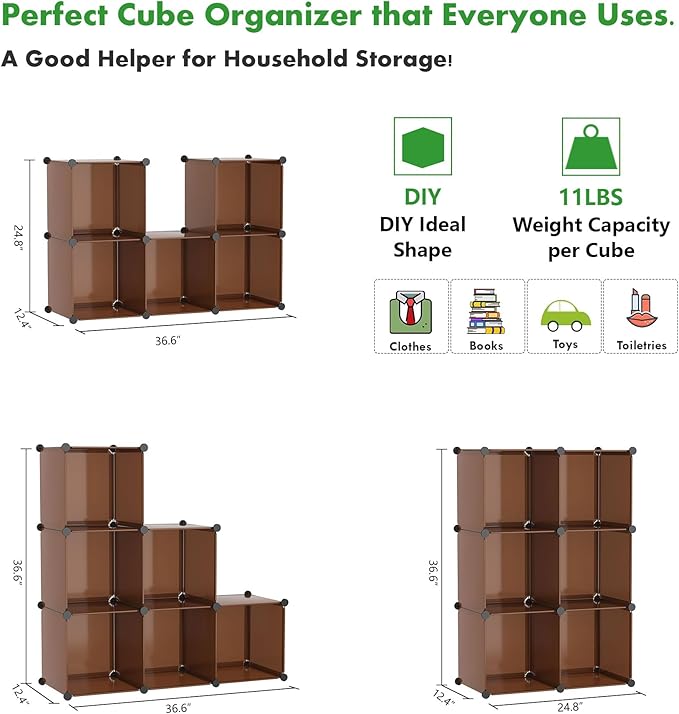 C&AHOME Cube Storage Organizer, 6-Cube Shelves Units, Closet Cabinet, DIY Plastic Modular Book Shelf, Ideal for Bedroom, Living Room, Office, 36.6" L x 12.4" W x 36.6" H Cocoa UPCS06C-NeatNest
