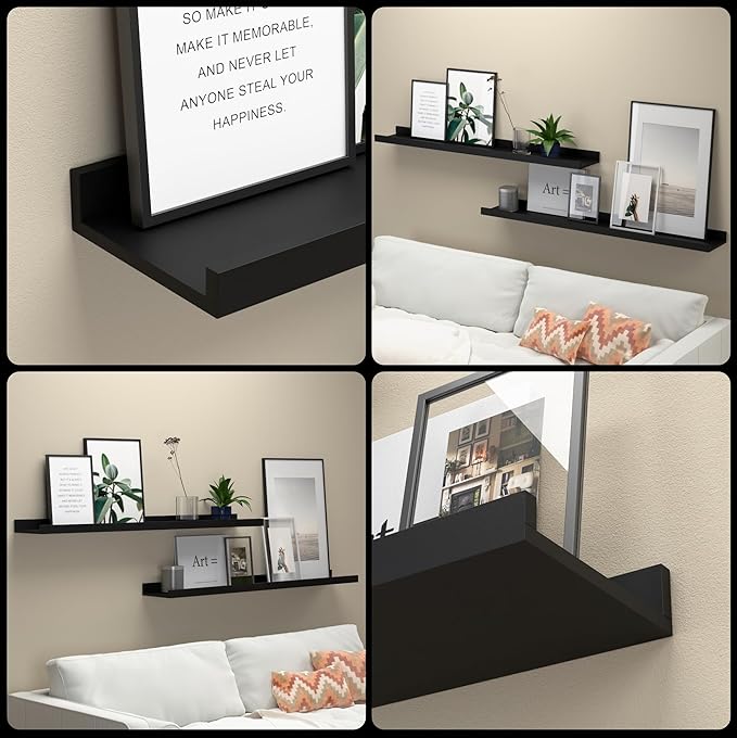 35.4 Inches Long Floating Shelves Wall Mounted, 2 Set Modern Black Wall Shelf for Bedroom, Nursery Book Shelf with Lip, Picture Ledge Shelf for Wall Decor Living Room Bathroom Kitchen- Black-NeatNest