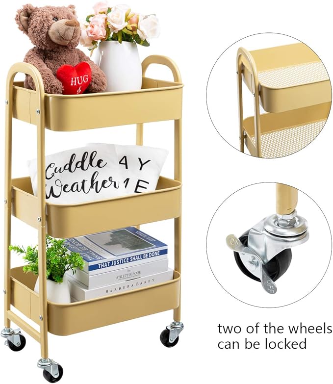 AGTEK Makeup Cart, Movable Rolling Organizer Cart, Khaki Yellow 3 Tier Metal Utility Cart-NeatNest