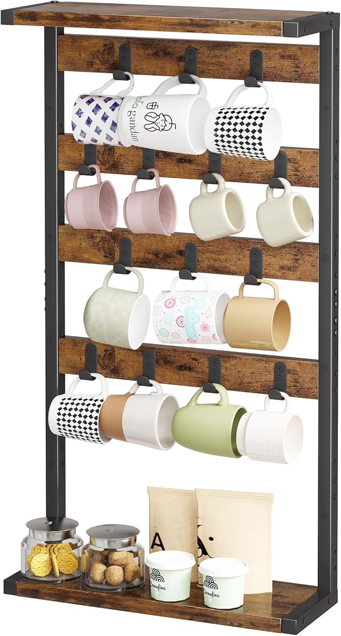 Homeiju 14-Hook Large Coffee Mug Holder for Countertop/Wall Mounted,4 Tier Coffee Cup Holder with Top & Bottom Storage Shelf,Adjustable Hook & Shelves,Mug Tree for Home Bar,Coffee Station-NeatNest