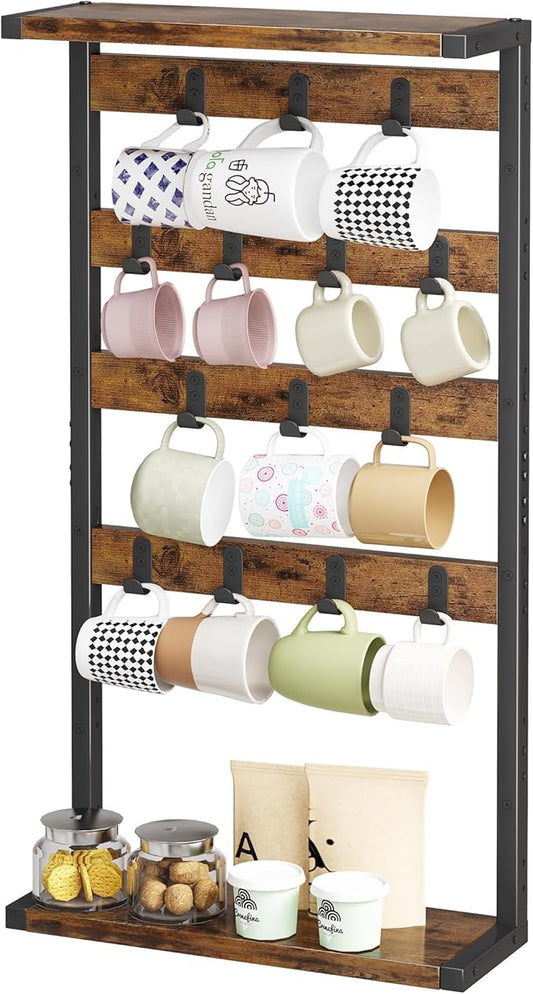 Homeiju 14-Hook Large Coffee Mug Holder for Countertop/Wall Mounted,4 Tier Coffee Cup Holder with Top & Bottom Storage Shelf,Adjustable Hook & Shelves,Mug Tree for Home Bar,Coffee Station-NeatNest