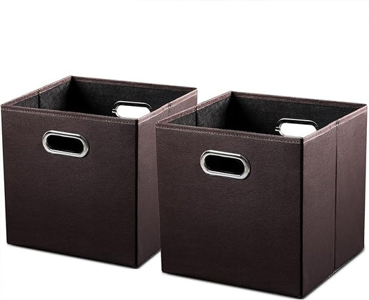 PRANDOM Leather Foldable Cube Storage Bins 13x13 inch [2-Pack] Fabric Storage Baskets Cubes Drawer with Cotton Handles Organizer for Shelves Nursery Closet Bedroom Clothes Brown-NeatNest