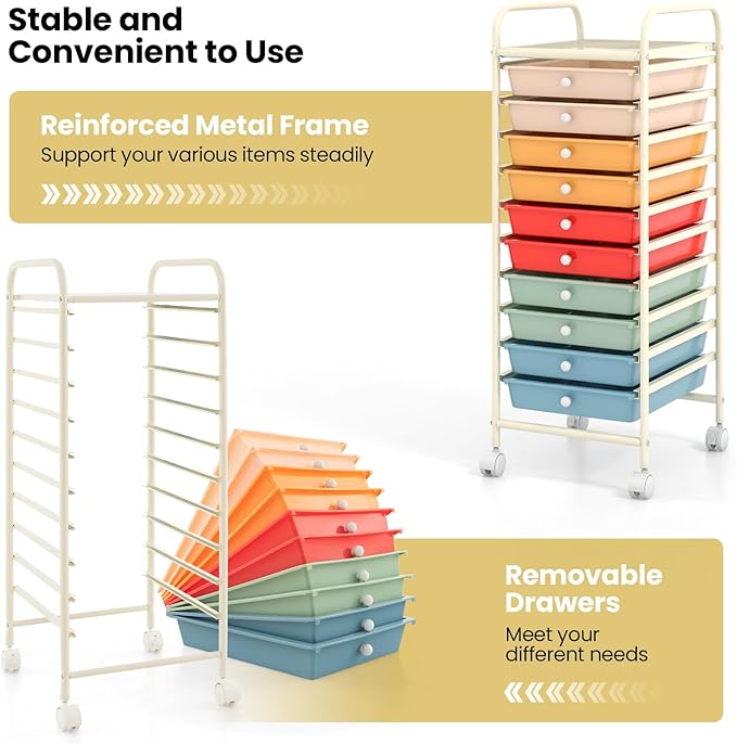 COSTWAY 10-Drawer Rolling Storage Cart, Utility Mobile Trolley with Removable Drawers & Universal Casters & 2 Brakes, Versatile Flexible Drawer Organizer Cart for Home, Office, Macaron-NeatNest