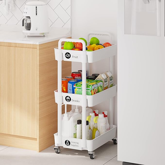 Laiensia 3-Tier Rolling Cart with Wheels,Multifunction Utility Storage carts, Kitchen Storage Organizer,Mobile Shelving Unit for Bathroom,Laundry,with Classified Stickers,White-NeatNest