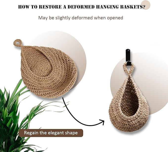 Hanging Fruit Basket Set of 3, Boho Wall Hanging Storage Jute Basket for Organizing & Decor, Handmade Teardrop Hammock Holder for Onion Fruit Vegetable in Home & Restaurant Kitchen with Hooks