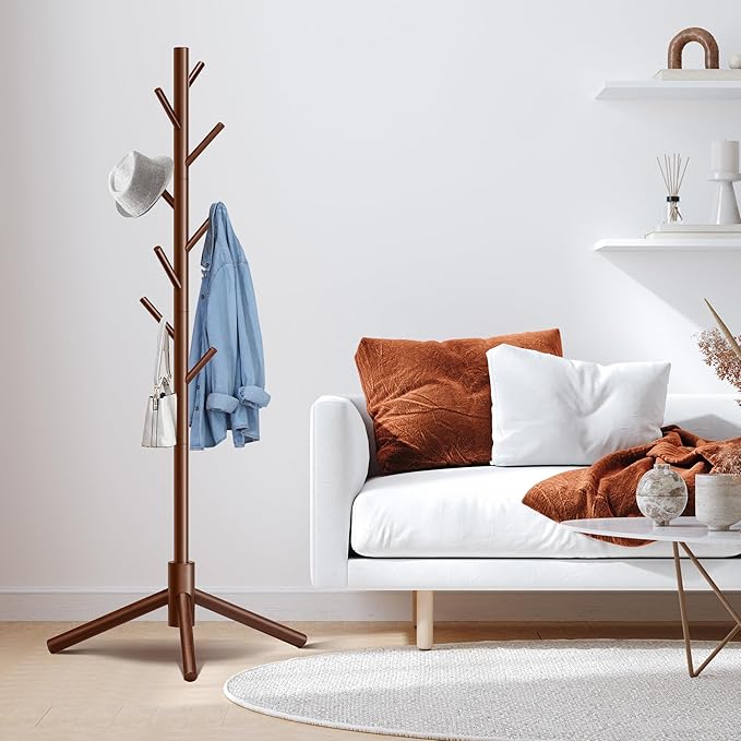 Durable Wooden Coat Rack, Freestanding Coat Rack with Stable Triangular Base, 8 Hooks & 3 Adjustable Heights, Simple Assembly for Bedroom, Hallway, Office(New Brown)-NeatNest