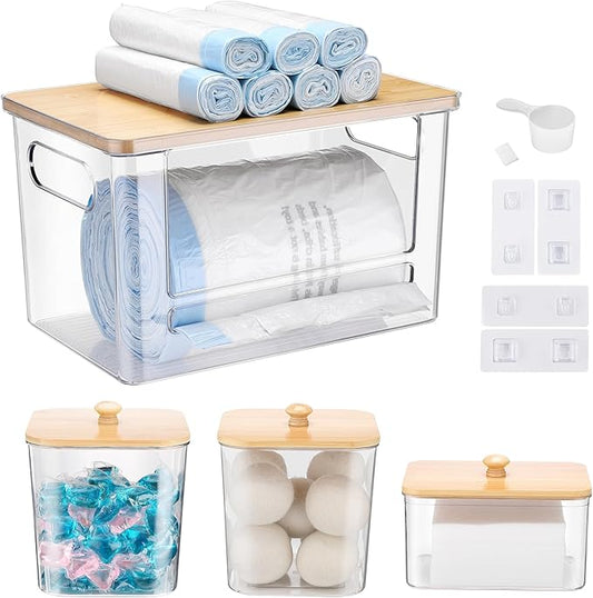 Extra Large Trash Bag Holder 4 Pack Garbage Bag Dispenser Roll Holder with Lid Laundry Room Organizer Under Sink Stackable Storage, Wall Mounted Laundry Dryer Sheet Holder Clear Pod Container