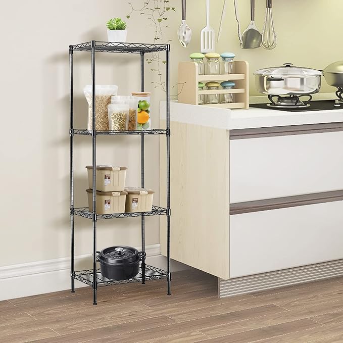 4 Tier Narrow Wire Shelving Unit, Adjustable Narrow Metal Shelf, Narrow Storage Shelves for Small Spaces, Laundry, Bathroom, Kitchen, Pantry, 12" D X 18" W X 50" H, 265 LBS Capacity, Black