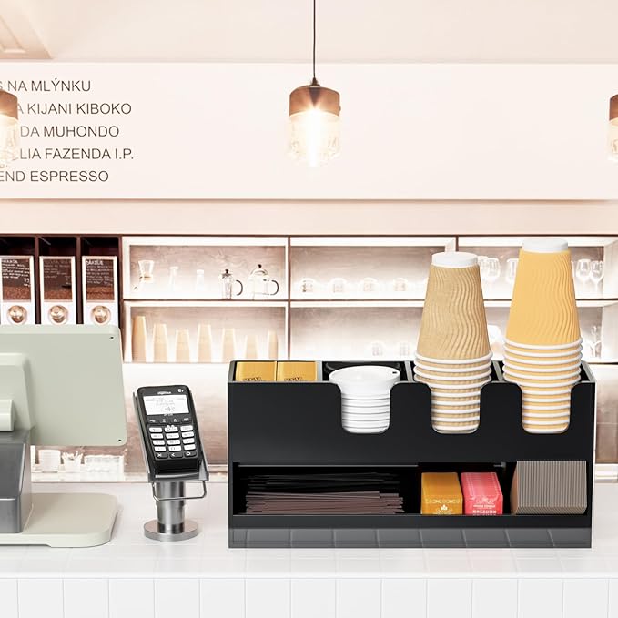 Coffee Condiment and Cup Organizer - 2-Tier Upright Cup and Lid Holder with Straw Organizer 5 Compartments Black Acrylic Cup Dispenser for Restaurant Breakroom Coffee Station Countertop-NeatNest