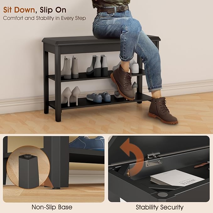 Shoe Rack Bench Seat Rubberwood 2-Tier Wooden Storage Bench 560lbs Compact Mid-Century Modern Design for Entryway, Hallway, Closet, Front Door Entrance, Foyer-NeatNest