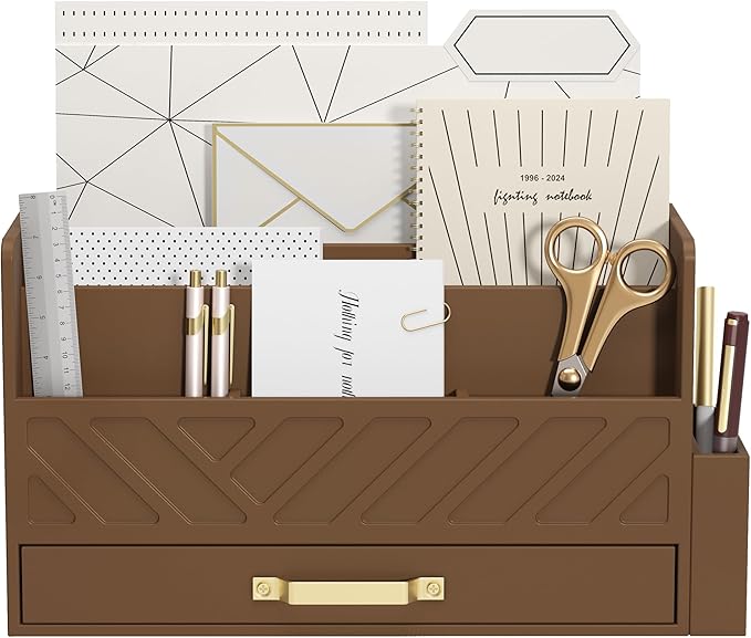 Bamboo Desk Organizer Mail Holder Countertop Wood Desk Drawer Tabletop Storage Box Pen Holder Letter Sorter Makeup Organizer for School Home Office Supplies with Pen Holder Brown-NeatNest