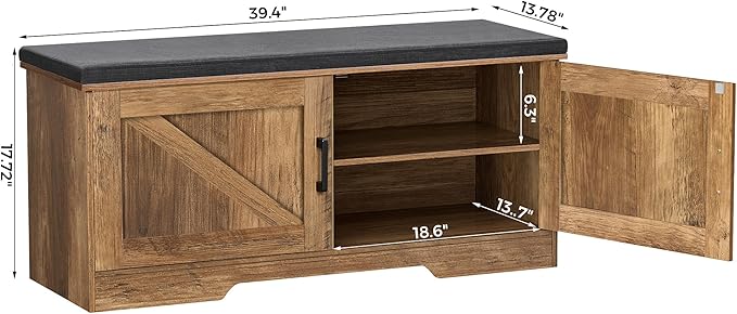 2-Tier Storage Bench, Shoe Bench with Padded Seat Cushion, Entryway Bench with 2 Barn Doors, Adjustable Shelf, 13.8" D x 39.4" W x 17.7" H, for Entryway, Living Room, Bedroom, Rustic Walnut-NeatNest