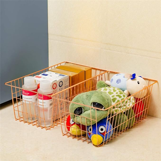 SANNO Wire Storage Basket, Farmhouse Pantre Freezer Baskets bins Metal Baskets Kitchen Storage Organizer Bin for Pantry, Shelf, Freezer, Kitchen Cabinet, Bathroom, Rose Gold