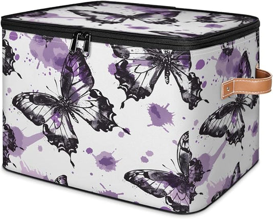 Butterfly Storage Bins with Zipper Lid, Watercolor Butterfly Lidded Storage Baskets Boxes Foldable Organizer with Leather Handles for Clothes Closet Shelf Toys-NeatNest
