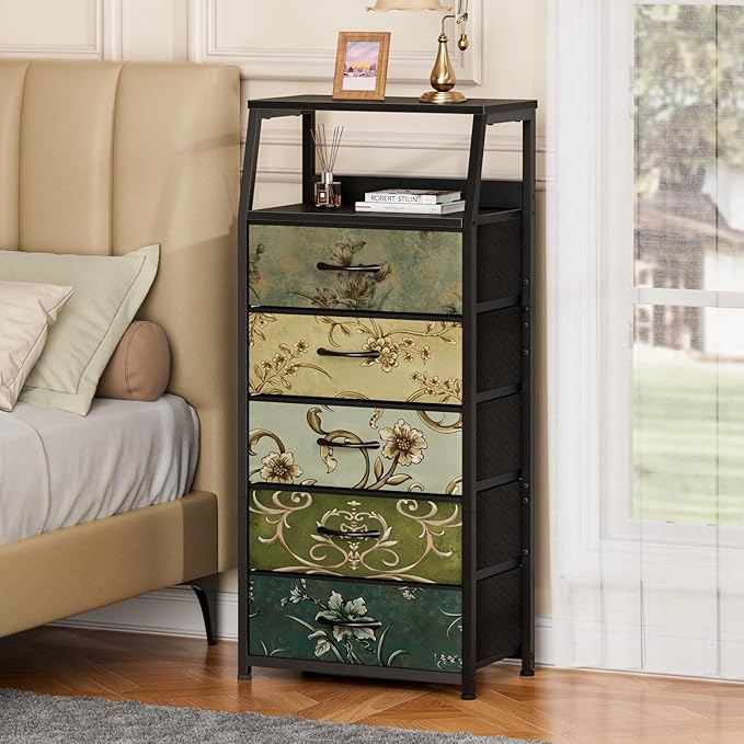 Furnulem Retro 5 Drawers Dresser, Tall Dressers for Bedroom, Closet, Hallway, Nursery, Fabric Storage Tower Organizer, Vertical Nightstand Side Table Furniture, Steel Frame, Wood Top-NeatNest