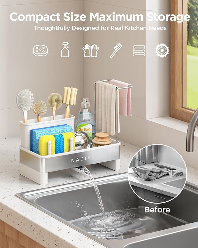 Nacial Sponge Holder for Kitchen Sink, Sink Caddy Organizer with High Brush Holder, Two Towel Racks & Soap Dispenser- Rustproof 304 Stainless Steel Kitchen Countertop Storage Essentials - White-NeatNest