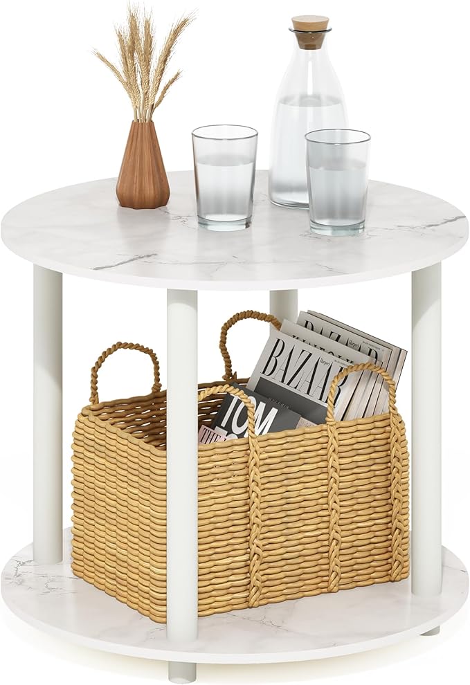 Furinno Turn-N-Tube Simple Design 2-Tier Round Wooden Small Coffee Table, Marble White-NeatNest