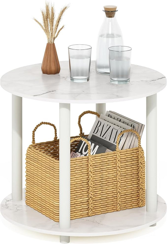 Furinno Turn-N-Tube Simple Design 2-Tier Round Wooden Small Coffee Table, Marble White-NeatNest
