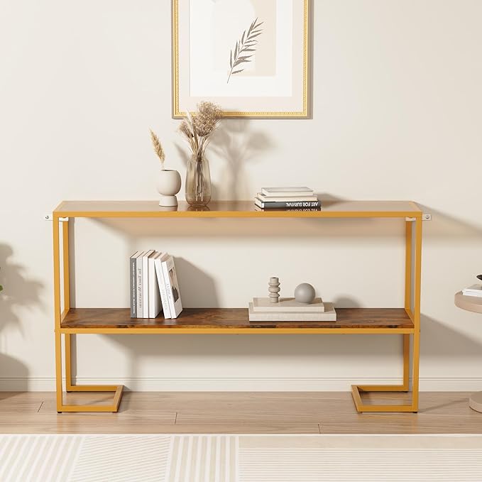 Console Sofa Table, 52" Modern Entryway Table, 2-Tier Open Shelf with Tempered Glass, Metal Frame Behind Couch Table with Gold Metal Frame for Living Room Hallway Entrance, Brown-NeatNest