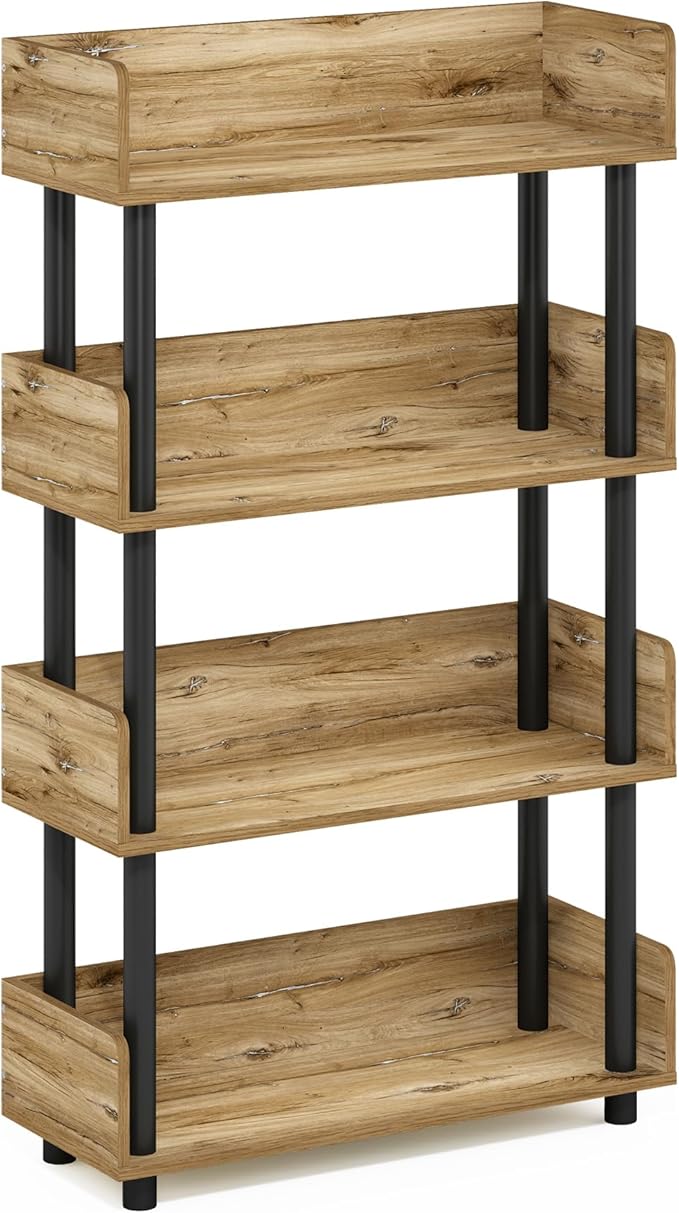 Furinno Turn-N-Tube 4-Tier Multipurposes Display Rack, Open Shelf Rack/Storage with Back & Side Panel, Flagstaff Oak/Black-NeatNest
