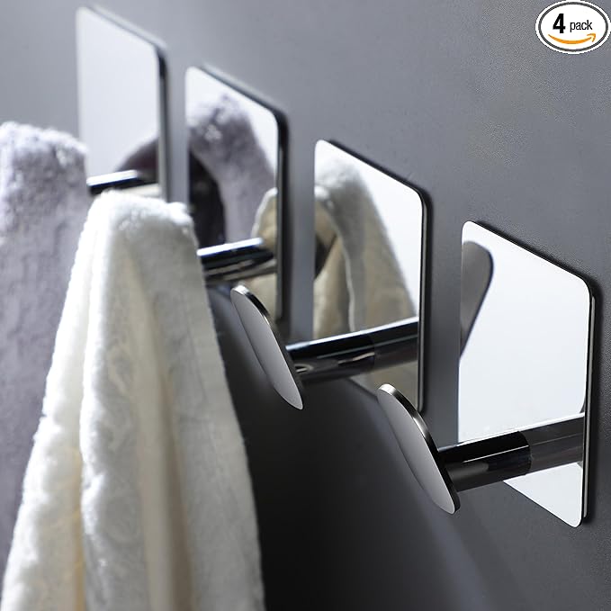 DELITON Towel Hooks for Bathrooms - 4 Pack Wall Hooks for Hanging Heavy Duty Adhesive Command Hooks for Coat Robe, Waterproof Shower Hooks Stainless Steel Mirror, Silver-NeatNest