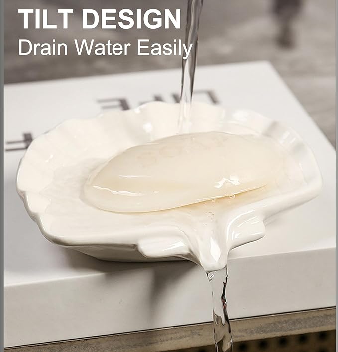 Ceramic Soap Holder, Sea-Shell Soap Tray with Self Draining, Soap Tray for Sink Washroom Bathroom Shower, Small Cute and Elegant Holder with Glaze, Easy Cleaning (White)-NeatNest