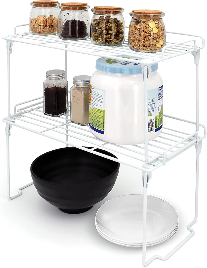 iPEGTOP Stackable Cabinet Shelf Organizers, Set of 2 Kitchen Countertop Cupboard Storage Rack, Pantry Stand Shelves Space Saving for Kitchen, Bedroom, Bathroom, White-NeatNest
