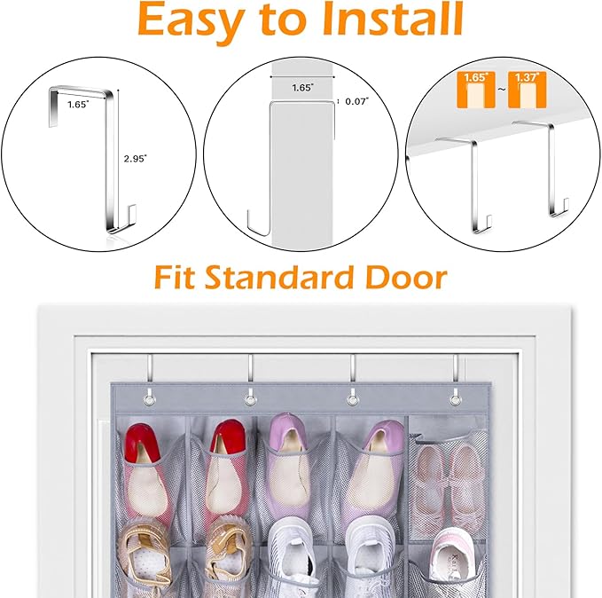 MISSLO Sturdy Oxford Shoe Organizer for Closet Door Hanging Organizer 35 Large Pockets Hanging Shoe Rack for Closet Mesh Back of Doors Shoes Storage Door Hanger, Grey-NeatNest