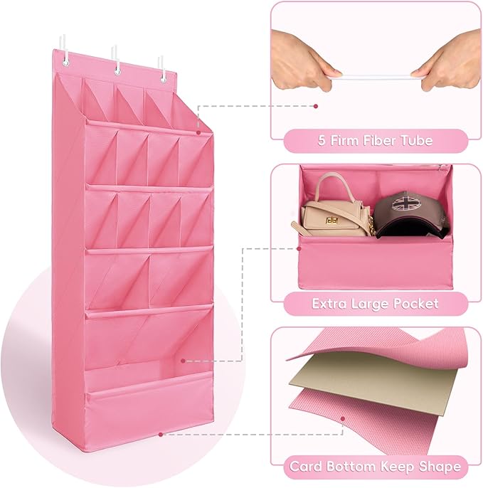 FENTEC 1 Pack Over-the-Door-Shoe-Organizers, Hanging Shoe Organizers with Large Pocket Shoe Holder Hanging Shoe Rack for Closet Shoe Organizer for Wall, Over Door Organizer with 15 Pockets Pink-NeatNest