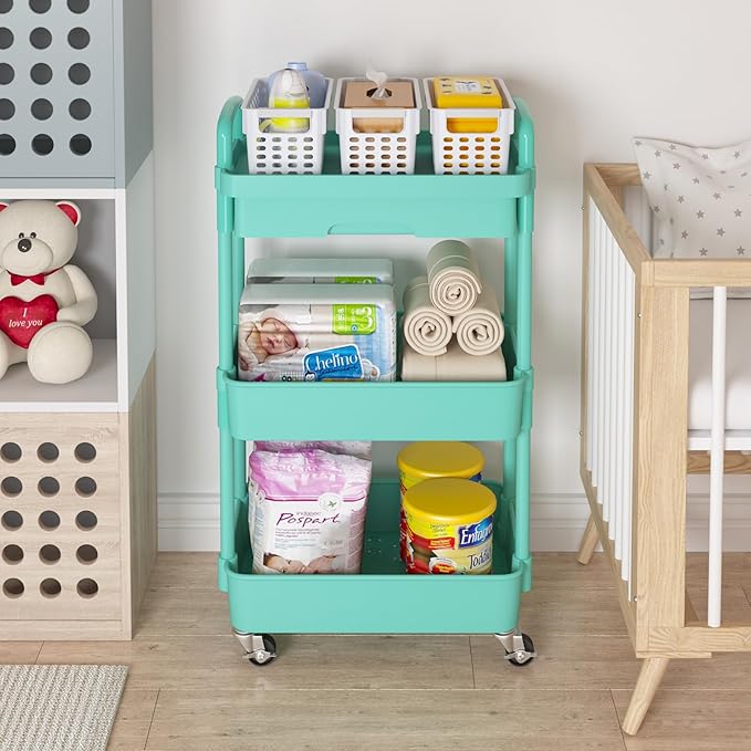 Calmootey 3-Tier Rolling Utility Cart with Drawer,Multifunctional Storage Organizer with Plastic Shelf & Metal Wheel,Storage Cart for Kitchen,Bathroom,Living Room,Office,Green-NeatNest