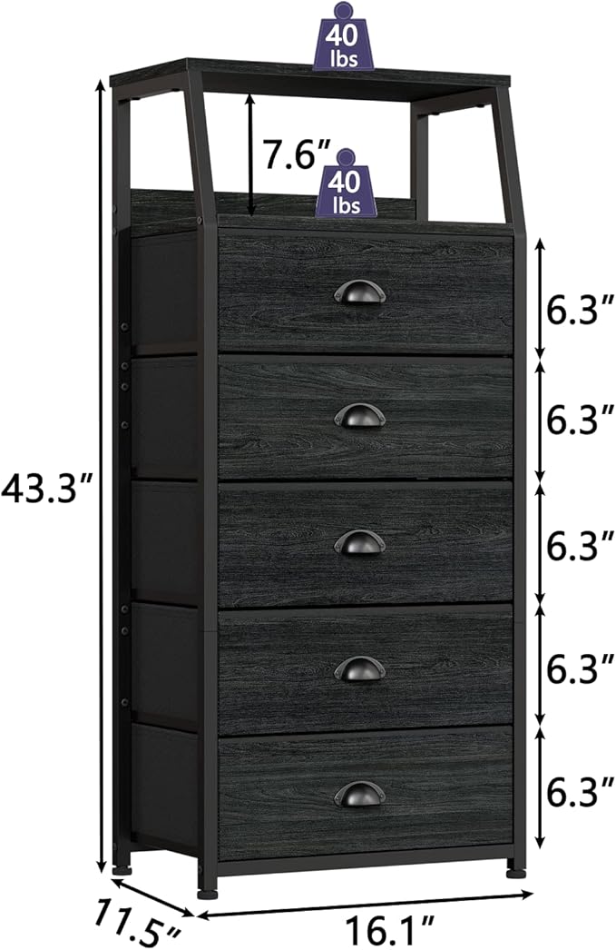 Furnulem Black Dresser with 5 Drawers, Vertical Storage Tower Fabric Dresser for Bedroom, Hallway, Entryway, Nursery, Closet Organizer, Nightstand Bedside Table Furniture, Sturdy Steel Frame, Wood Top-NeatNest