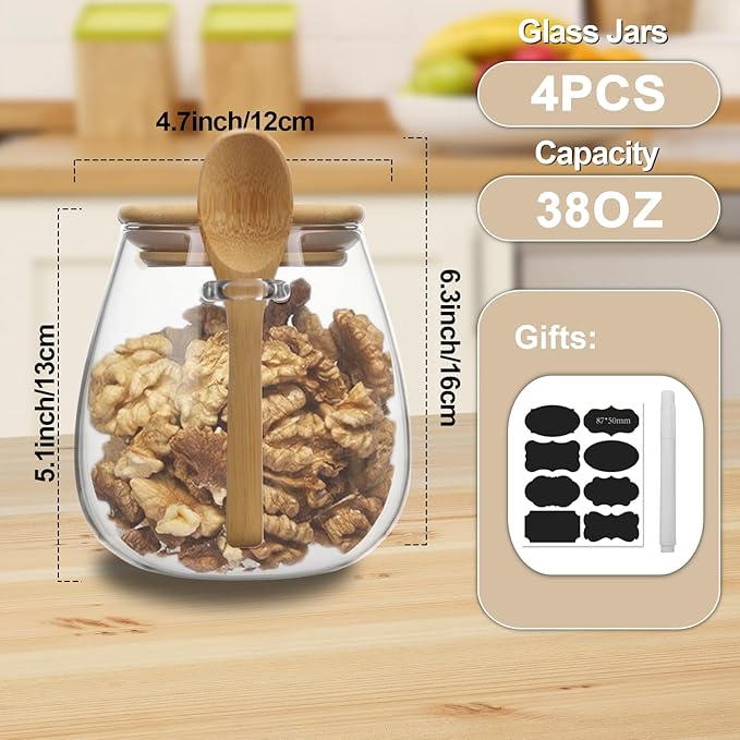 Clear glass storage containers, 38oz food storage jars, Set of 4, wide mouth, with spoons, for food storage, candy, coffee, biscuits, rice, sugar, tea, cereals, dried fruits, etc (Large 4PCS)-NeatNest