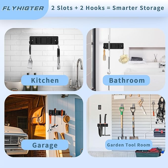 Broom and Mop Holder Wall Mounted, Heavy-Duty Stainless Steel Storage Rack with 2 Racks & 2 Hooks,Broom Organizer for Kitchen,Bathroom,Garage,Garden（SILVER