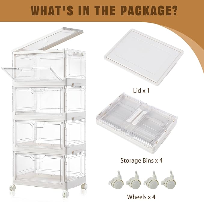 Collapsible Plastic Storage Bins with WheelsClear Stackable Storage Bins with Lid Stackable Storage Bins with Open Door Folding Storage Bins Organizer for Closet Bedroom Living Room-NeatNest