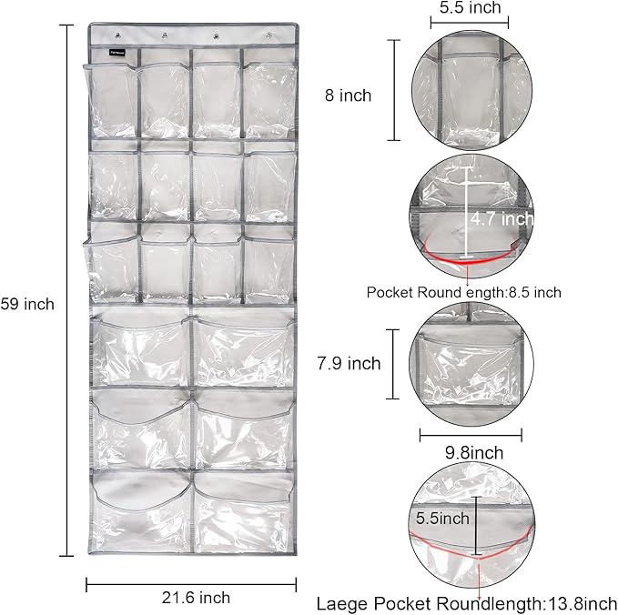 Extra Large Hanging Crystal Clear Over Door Shoe Organizer, Closet Shoe Rack with 12+6 Pockets, 8 Hooks, Grey (59"x 21.6")-NeatNest