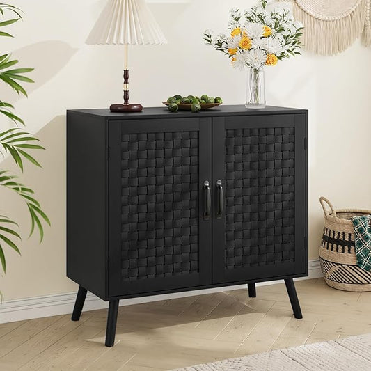 Black Buffet Sideboard Cabinet, Storage Cabinet with Handmade PVC Rattan Decor Doors, Wooden Coffee Station with Adjustable Shelf for Kitchen, Living Room, Entryway-NeatNest