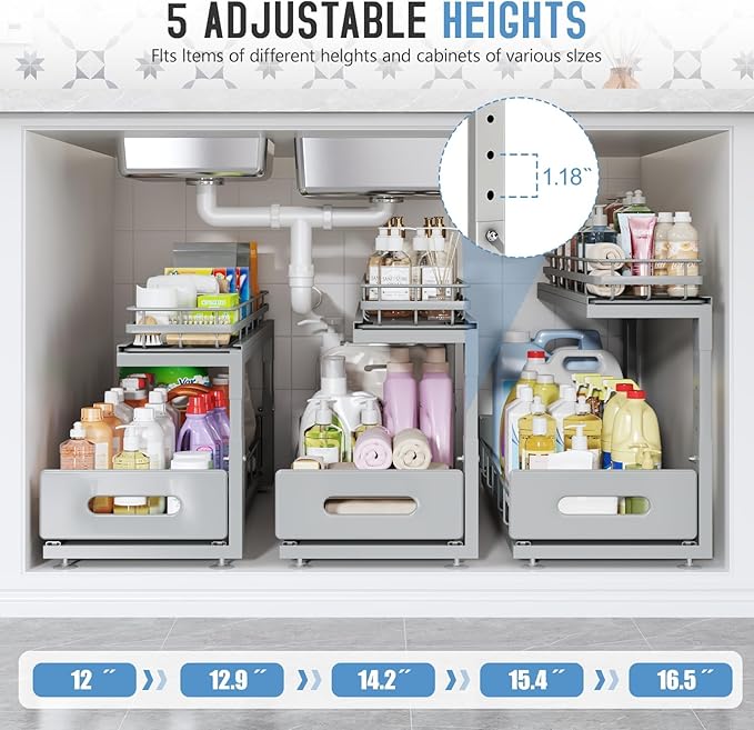 2 Pack 21 in Depth Pull Out Cabinet Storage with Smooth Rails,2-Tier Dual Pull Out Cabinet Storage for Bathroom Kitchen,Under Sink Shelf-Gun Gray-NeatNest